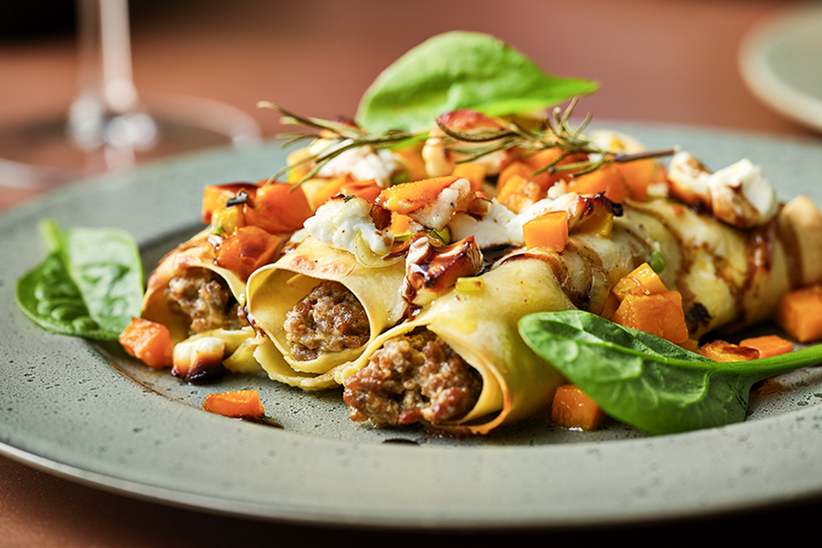 Cannelloni au haché d’agneau, fromage de chèvre et potiron