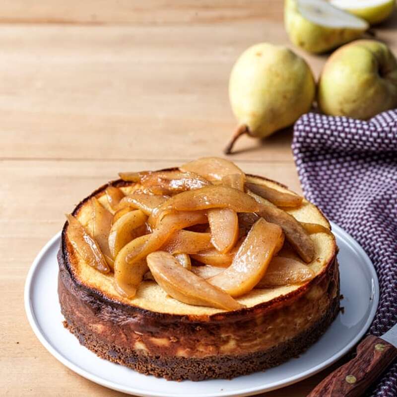 Cheesecake et poire caramélisée